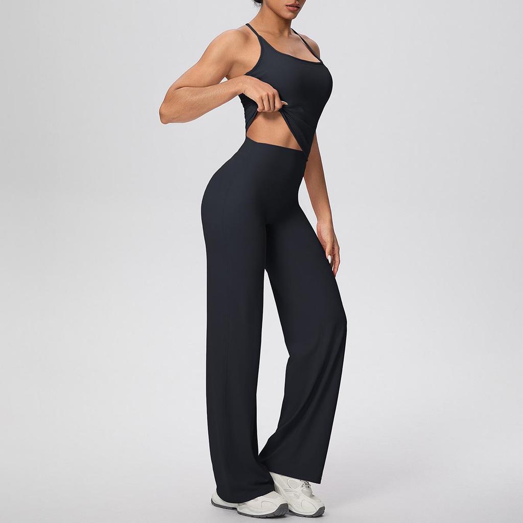 Solid Color Racerback Tank & High Waist Wide-Leg Yoga Pants Fitness Set