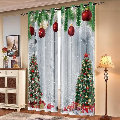 Set Of 2 Christmas Tree Print Perforated Curtains Multi Size Living Room Insulation Holiday Decoration Easy Installation Curtain With Light Blocking