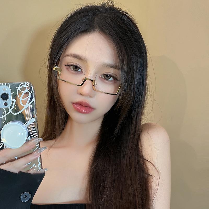 Anime Lower Half Frame Glasses Women Anime Decorative Glasses Ins Trend Metal Rectangular Eyeglasses Decoration