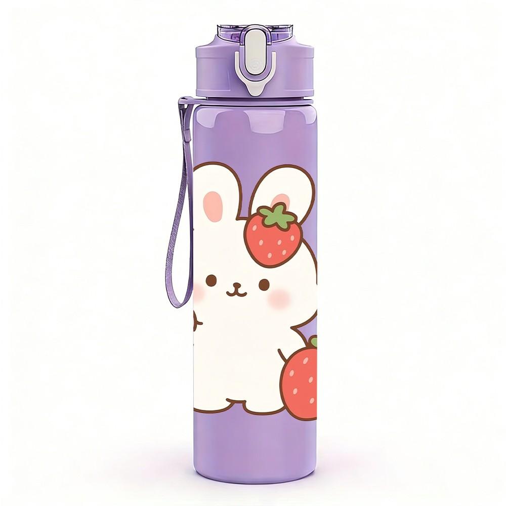 1PC Bunny Holding Strawberry Cartoon Print 750ml Color Plastic Sports Water Bottle Leakproof Flip Straw Lid Suitable for Sports Office Home Use