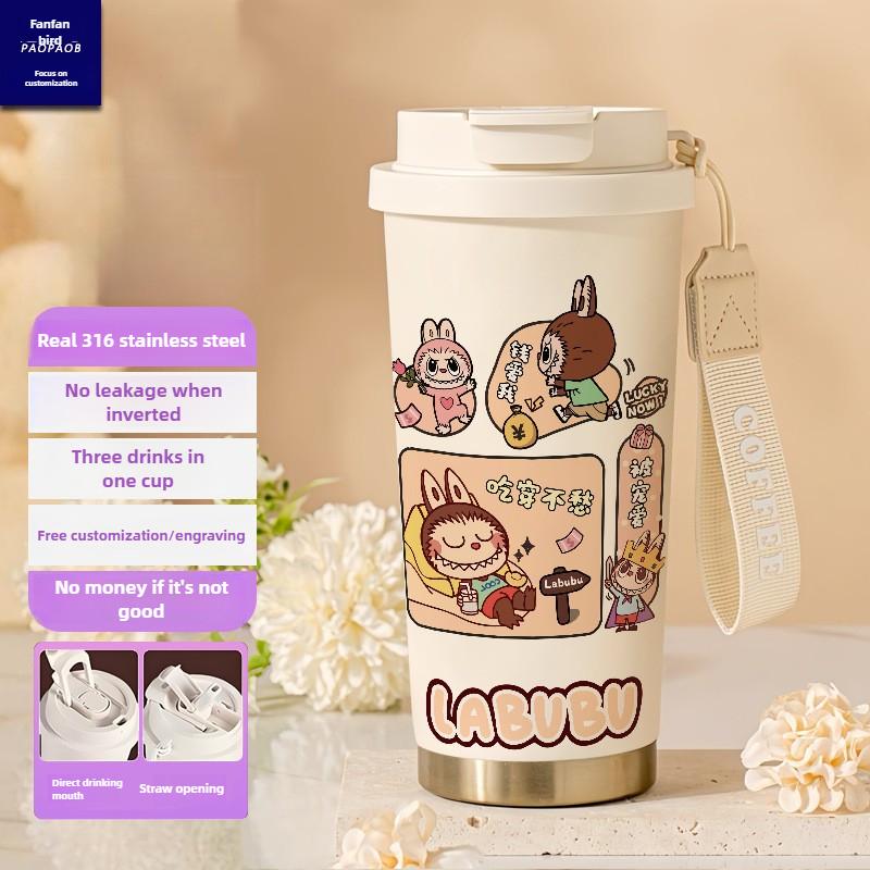 Tecknad Rostfri Stålkopp Högvärdig Termosmugg 3D Dubbel Drickstrå Kaffekopp