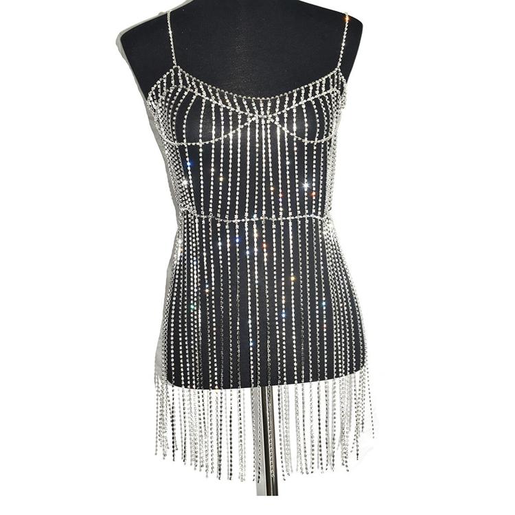 N-114 Fashion Women Body Jewelry Sexy Luxury Silver Crystal Diamond Rhinestone Tassel Dress Body Chain Fashion
