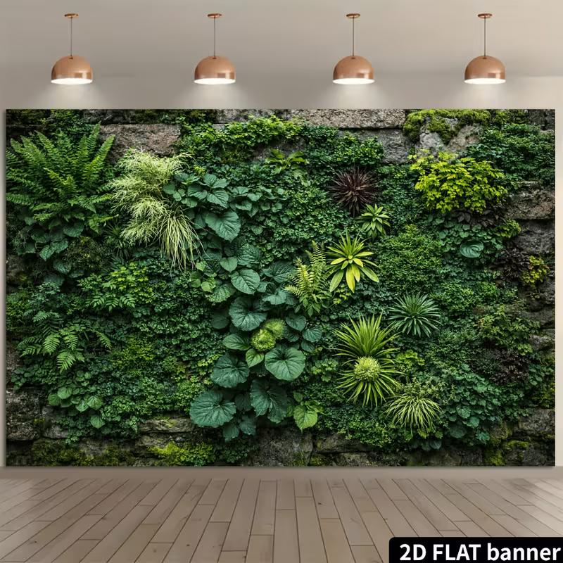 2D Lush Green Plant Banner, Moss Stone Wall Jungle Party Photo Booth Background