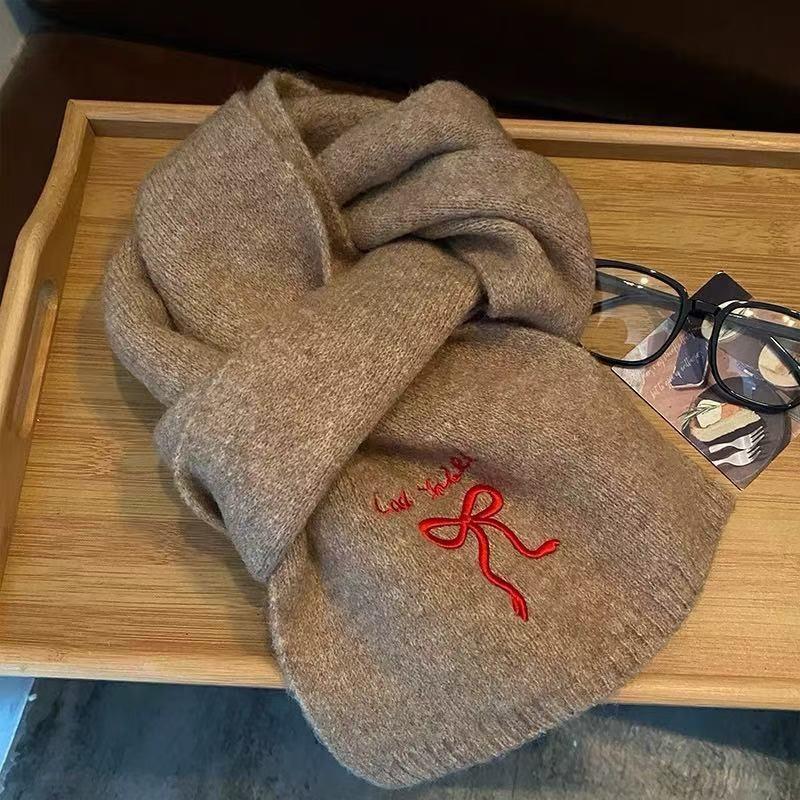 Knitted Wool Scarf Women Winter Warm Cozy Dog Embroidery Style Ins Trendy Neck Wrap Student Accessory