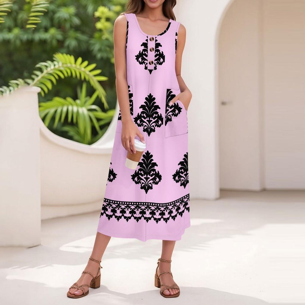 Women's Summer Casual Fashion Retro Printed Sleeveless Button Casual Long Dress