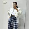 Womens Short PU Leather Bomber Jacket With Ribbed Stand Collar Zip Front Multiple Pockets Loose Fit Urban Casual Style