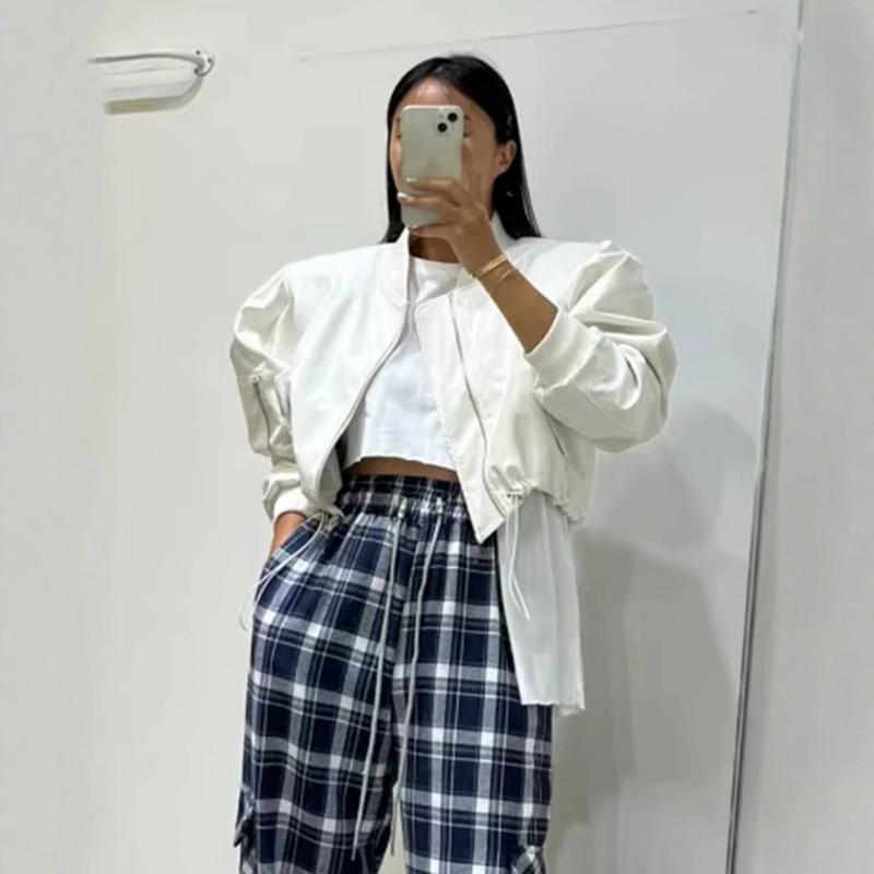 Womens Short PU Leather Bomber Jacket With Ribbed Stand Collar Zip Front Multiple Pockets Loose Fit Urban Casual Style