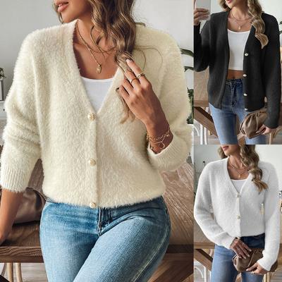 Damen Wollmäntel Herbst Winter Perlenknöpfe Strickpullover Lässiger Vielseitiger Cardigan