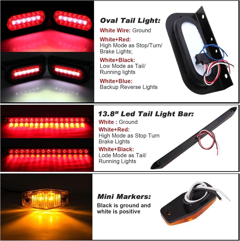 6' Oval LED Trailer Tail Lights Kit w/Brackets, 4Amber 2Red Mini Marker, 13.8' Red LED 3rd Brake Light Bar