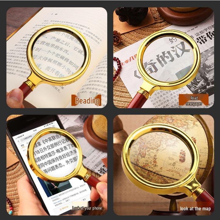 Metal Mahogany HD 10x Handheld Magnifier for Reading Books and Newspapers
