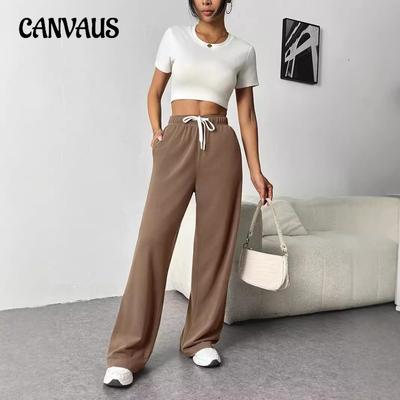 Toamna și iarna femeilor Plus Size pantaloni de trening cu picior larg talie înaltă pantaloni casual cu cordon larg și buzunare
