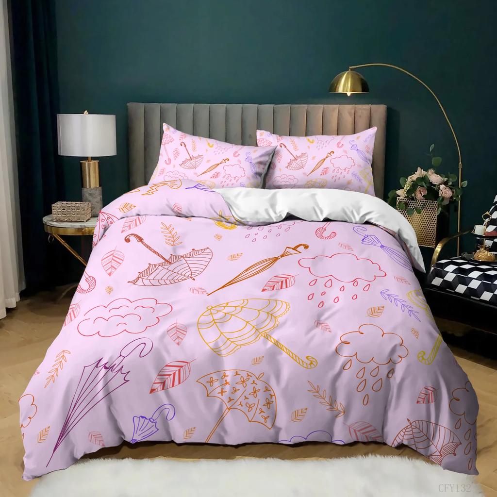 Capa de edredom guarda-chuva colorida, conjunto de cama estilo desenho animado para crianças e adolescentes, tamanho queen, capa de edredom de poliéster