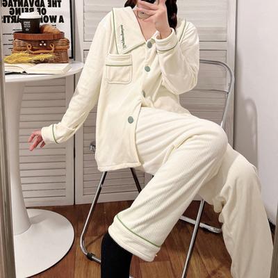 Herbst Winter Dicke Plüsch Pyjamas Hausanzug Damen Lässig Einfach Luxuriös Nachtwäsche Langärmelig Warmer Strickjacken Hose Pyjamas