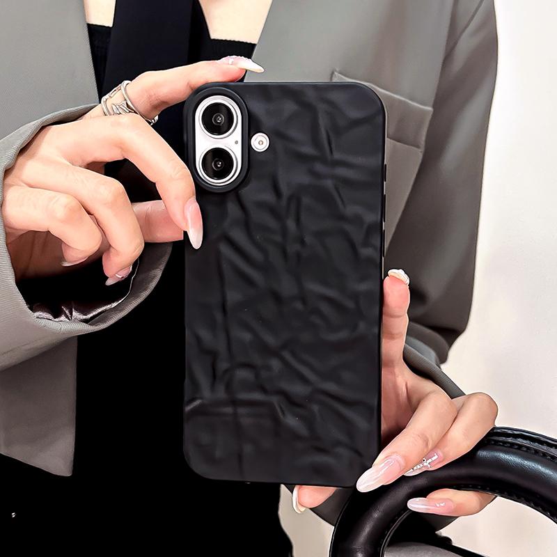 Fashion 3D Wrinkled Tin Foil Texture Matte Black Phone Case For iPhone 17 16 Pro Max Air 11 12 13 14 15 Soft Silicone Back Cover