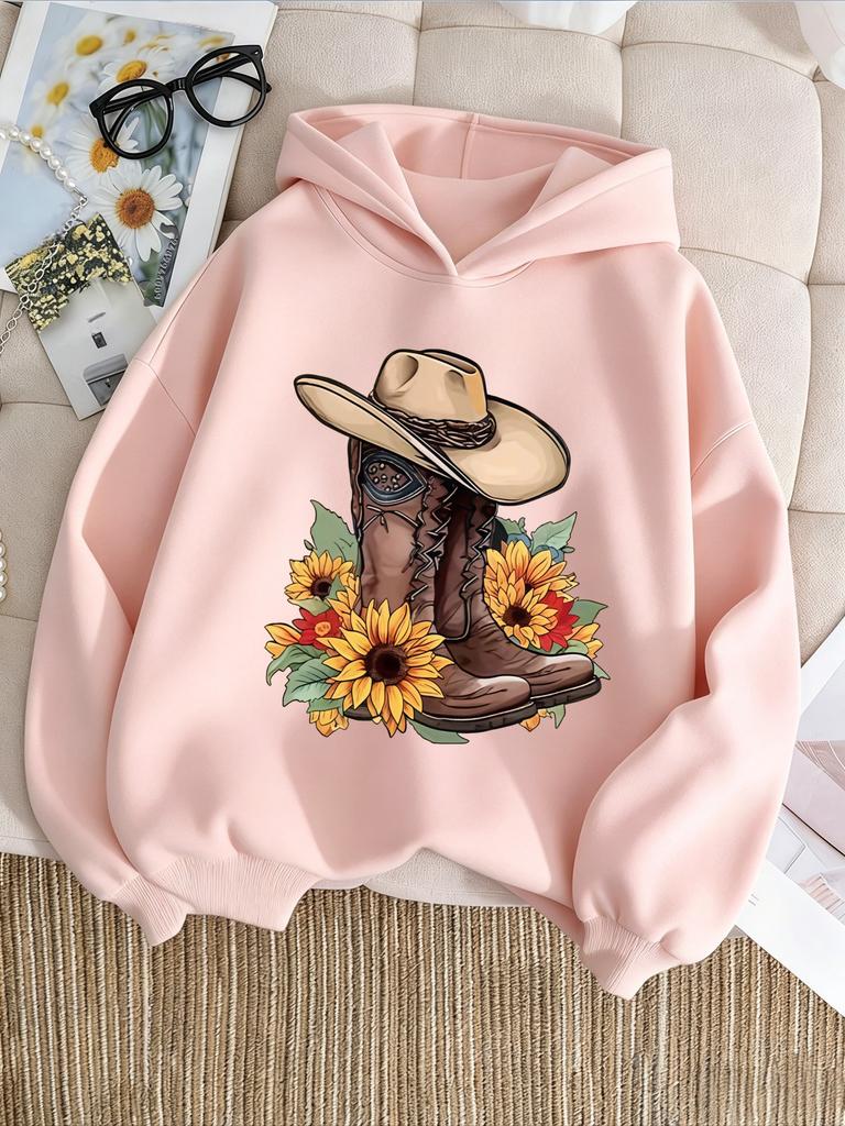Vintage Western Cowboy Boots Hat Sunflower Art Print Kids Hoodie Loose Oversized Pullover Boys Girls Streetwear Sweatshirt