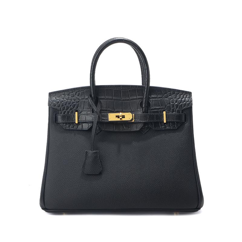 Sac à Bandoulière en Cuir de Vachette Motif Crocodile, Grand Sac à Main Rétro Style Kelly pour Femmes