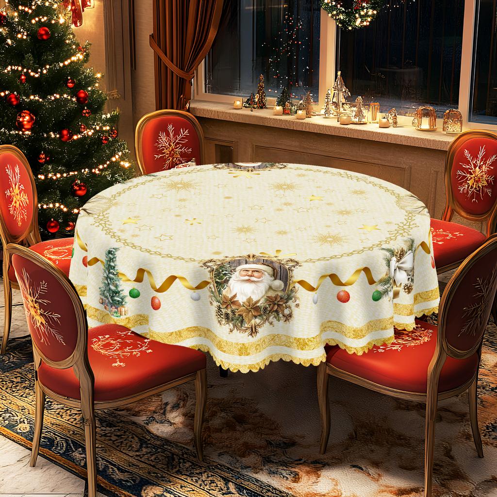 1 Stück Weihnachts-Rund- und Rechteck-Tischdecke, verschiedene Größen, Vintage Weihnachtsmann und Schneemann Geschenkbox Goldband Druckmuster Tischdecke, S