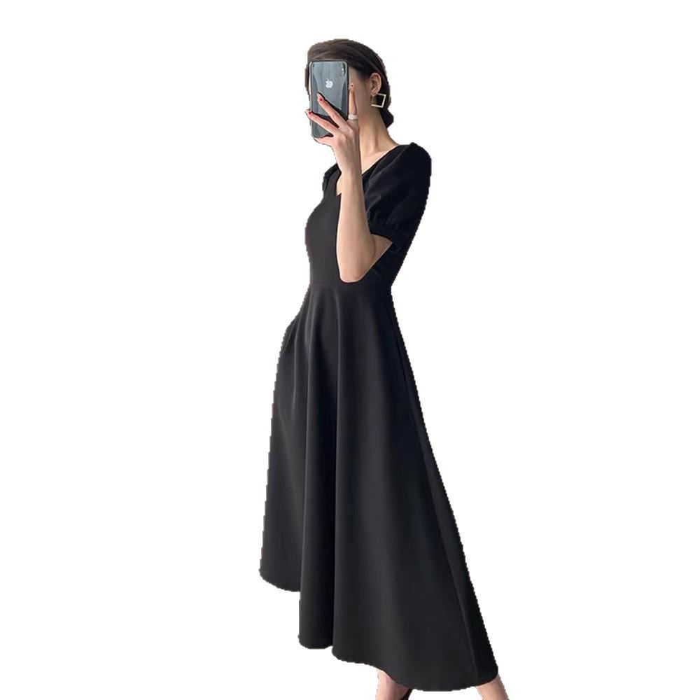 French Hepburn-style Black Dress for Women, New Summer Elegant, Waist-cinching, Slimming, Solid Color Vintage Long Dress