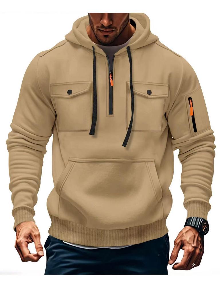 Men's Multi-Pocket Fleece Lined Hoodie Jacket - Casual and Versatile for Autumn/Winter