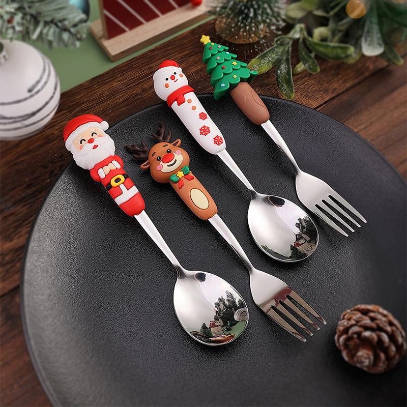 Christmas Day Dessert Spoon Creative Santa Claus Snowman Present Spoon Fork Tableware Set Animation Stainless Steel Cutlery Spoon Set