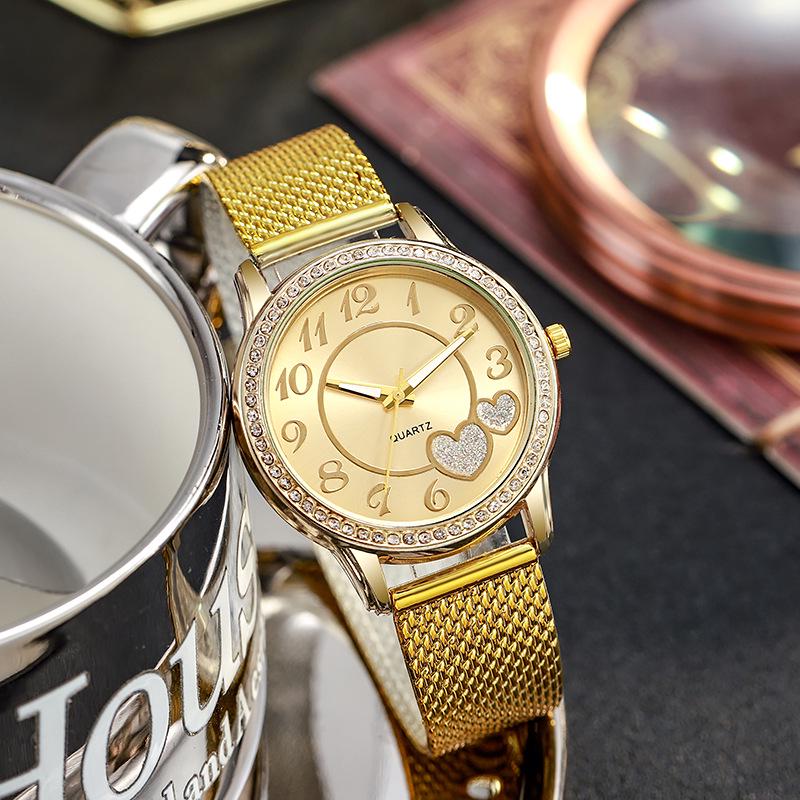 Rose Gold Peach Heart Mesh Quartz Watch with Diamond Inlay for Women