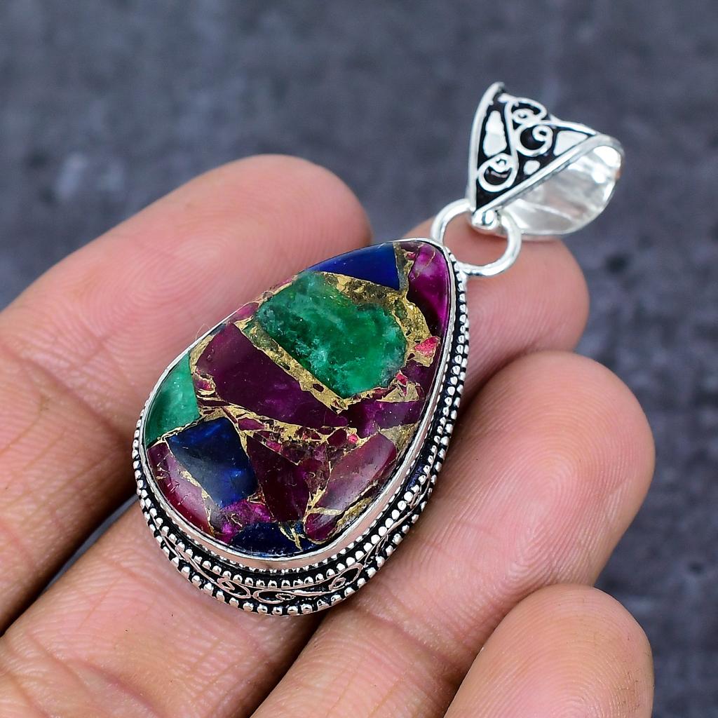 Natural Copper Ruby Zosite 925 Sterling Silver Jewelry Pendant 2.05" ET-4794