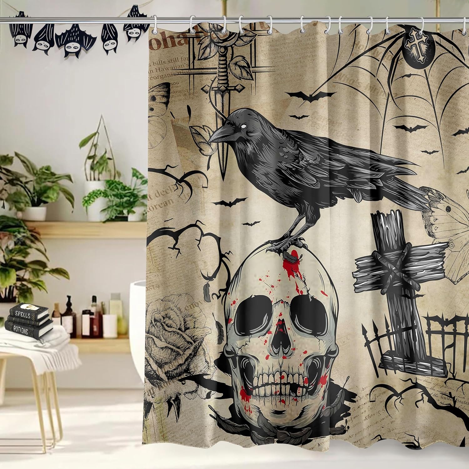 

Halloween Skull Crow Shower Curtain With Spooky Pattern, Waterproof Bathroom Decor For Halloween Party Home Decoration W60H190(CM)-1 Pcs