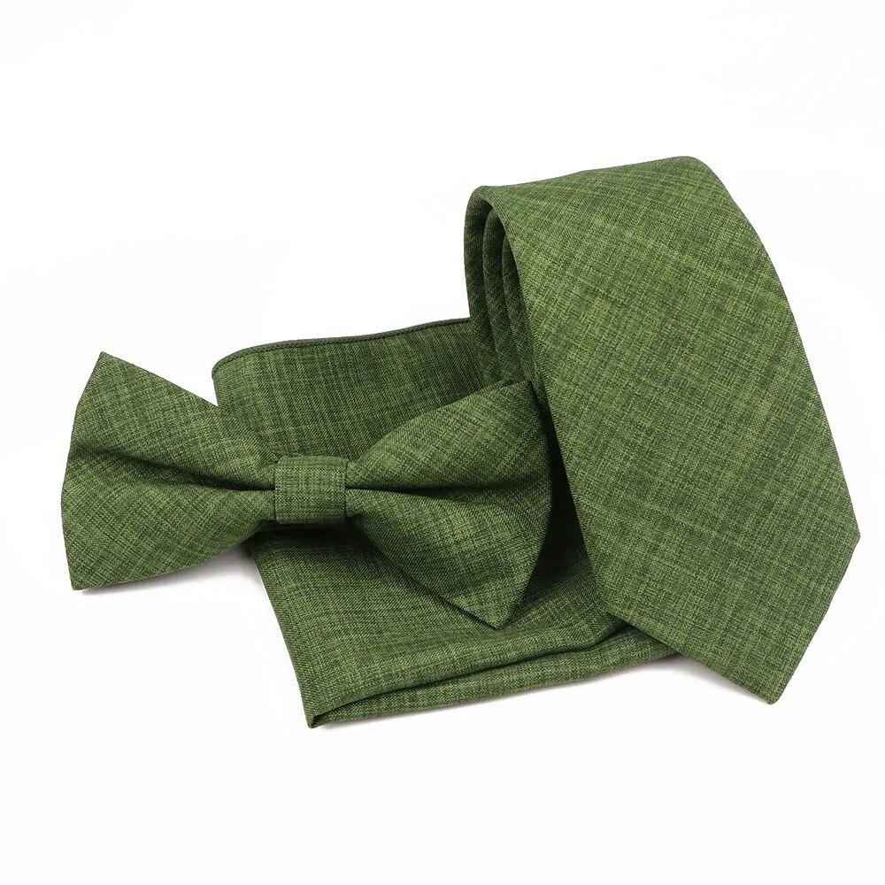 Men Fashion Solid Color Cotton Tie Bowtie Handkerchief Set Wedding Party Butterfly Necktie