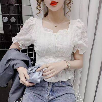 Summer New French Short-sleeved Ruffled Top Design Niche Square Collar Short Chiffon Top Women