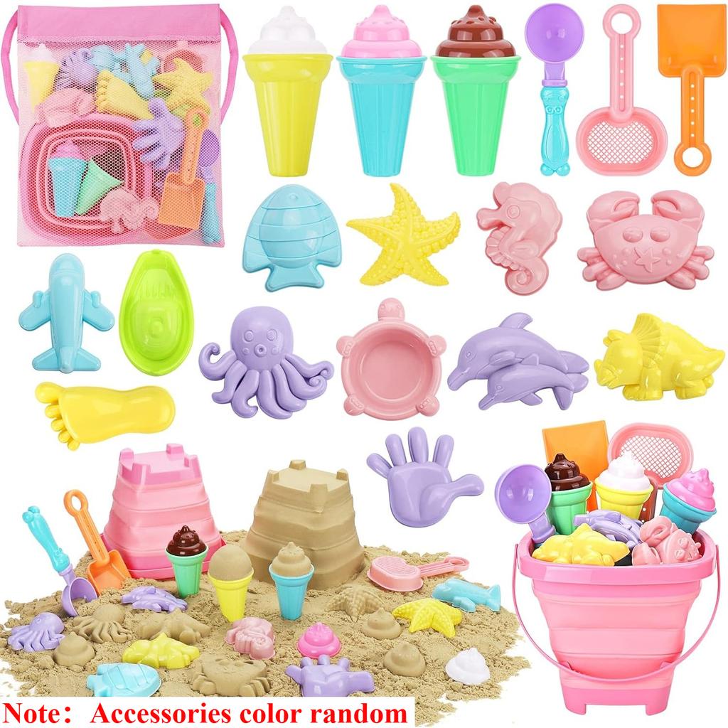 Collapsible Beach Toy Sets For Kids Sand Bucket & Shovels Set With Mesh Bag Sand Castle Travel Sand Toy Sets Sandbox Toy Sets For Toddlers