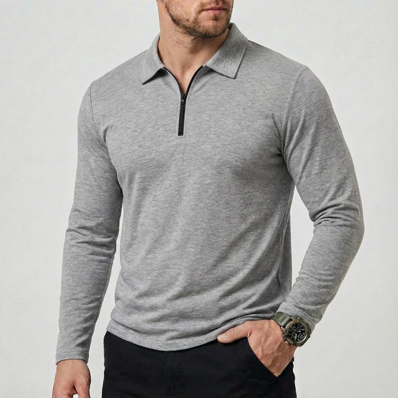 Men Turn Down Collar Half Zip Long Sleeve Polo Shirt Slim Fit Solid Casual Business Tops