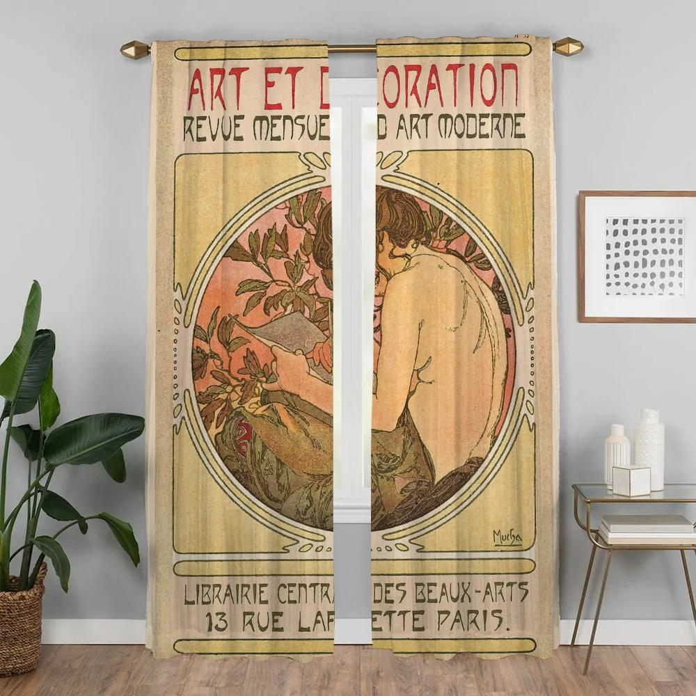 Alphonse Mucha Home Interior Curtains for Living Room Curtain Shades Blinds Partition Tulle for Bedroom Halloween Decoration