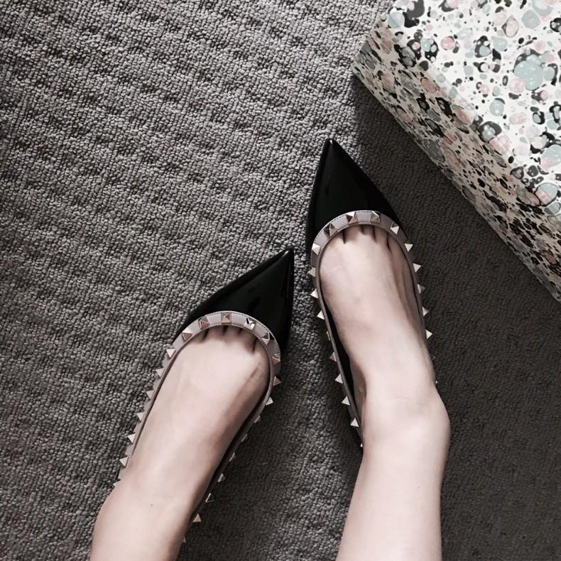 Rindslederversion~ Klassische Nietleder flachmündige spitze Schuhe Damen OL-Schuhe weiche Sohle Mary Jane Einzelne Schuhe flacher Boden kleine Lederschuhe