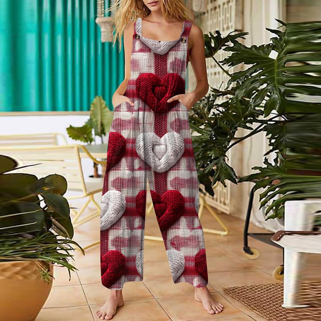 Damen Casual Jumpsuit Valentinstag Herzbedruckter Baumwolljumpsuit