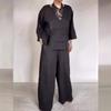 Classic Satin Shirt And Wide Leg Pants Set For Women With Pockets For Fall