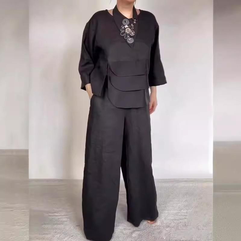 Classic Satin Shirt And Wide Leg Pants Set For Women With Pockets For Fall