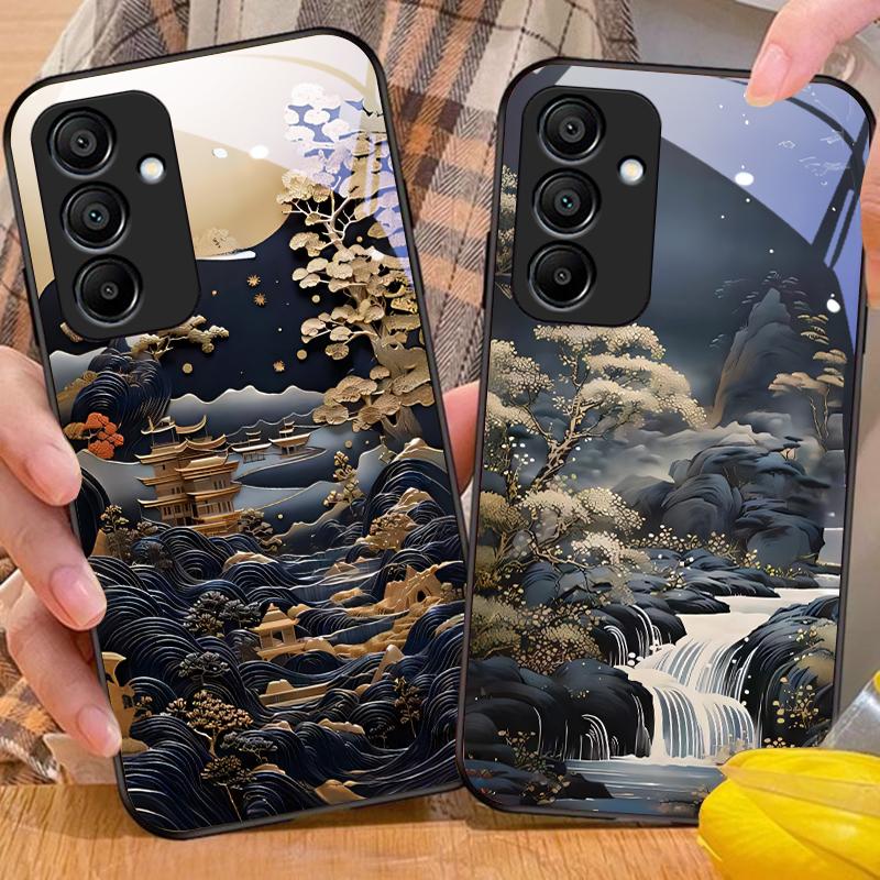 Jubao Beckenwasser für Samsung Galaxy A15 5G 54 4G 51 50 24 35 90 71 12 51 53 52S 80 22 34 Schwarz Gehärtetes Glas Handyhülle