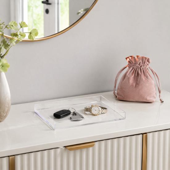 Clear Acrylic Toiletry Holder Decorative Tray, Modern Rectangular Vanity Space Small Tray for Toothbrush Saving Jewelry And Perfume Organizer Bathroom