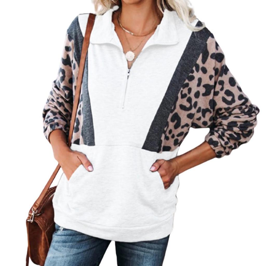 Women's  Fall Winter Leopard Patchwork Loose Pullover Sweatshirt, Lapel Collar Casual Top for Women European American Style
