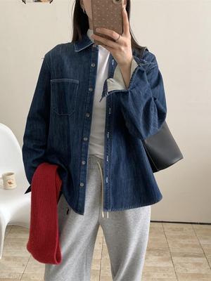 Spring 2026 New Arrival: Lazy Style Velvet-Lined Denim Lapel Shirt with Long Sleeves - Versatile and Casual.