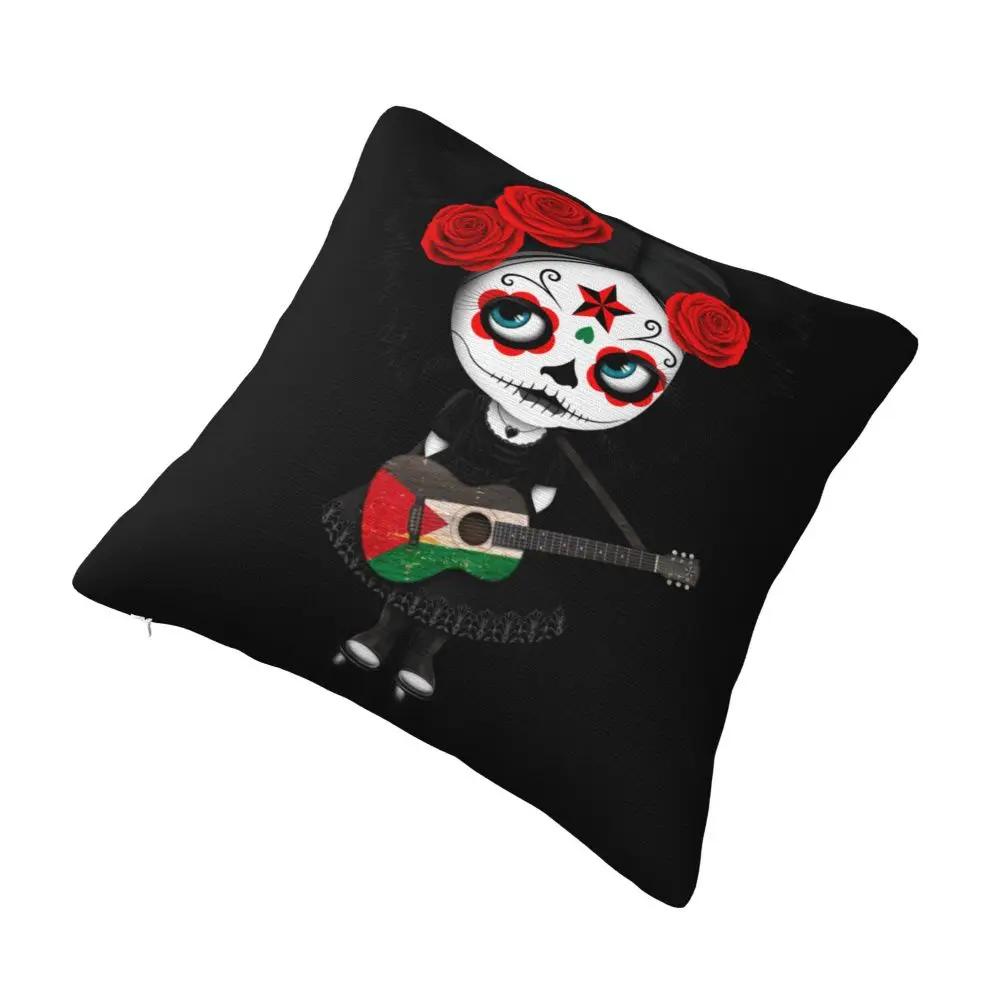 Sugar Skull Girl Playing  Flag Guitar Pillowcase Cushion Cover Decorations Halloween Horrible Pillow Case Cover Home