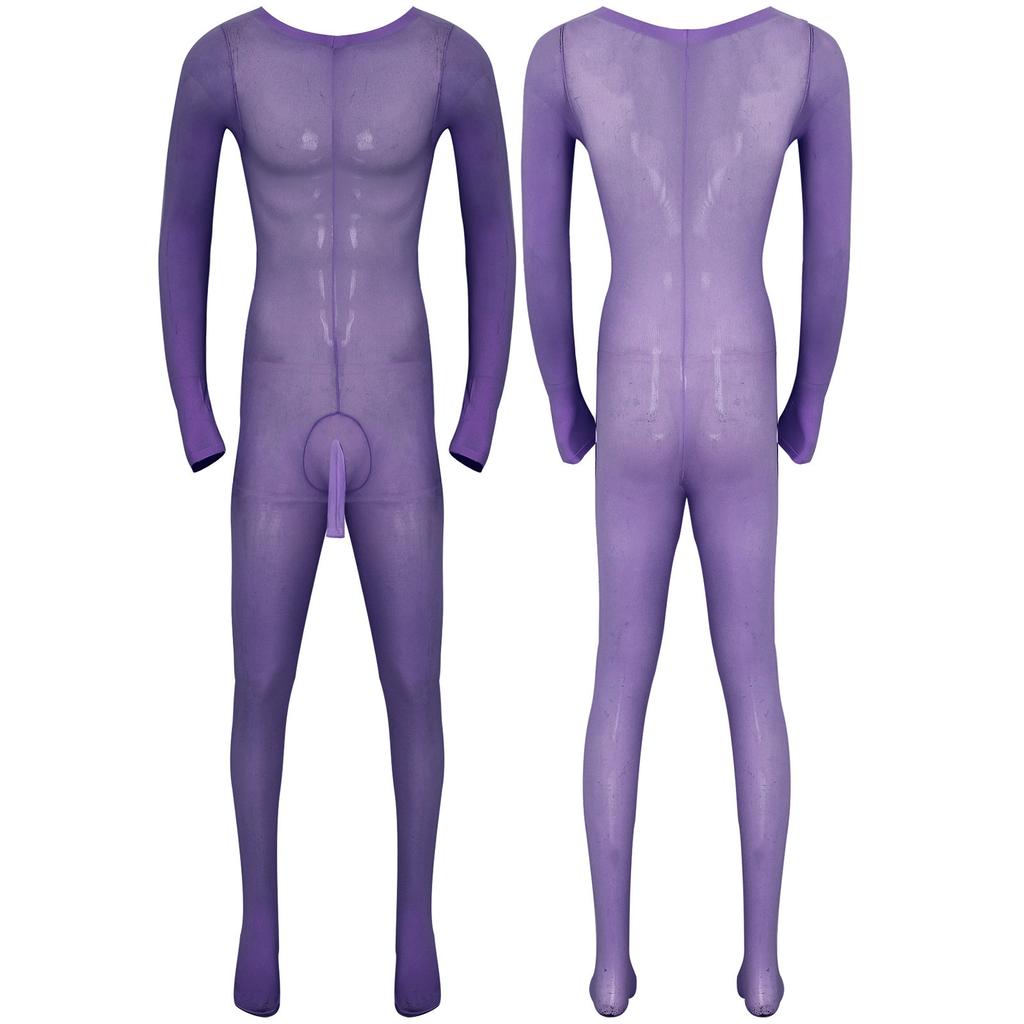 Mens Solid Color Bodystocking Long Sleeve Stretchy Bodysuit with Bulge Pouch Nightwear Underwear