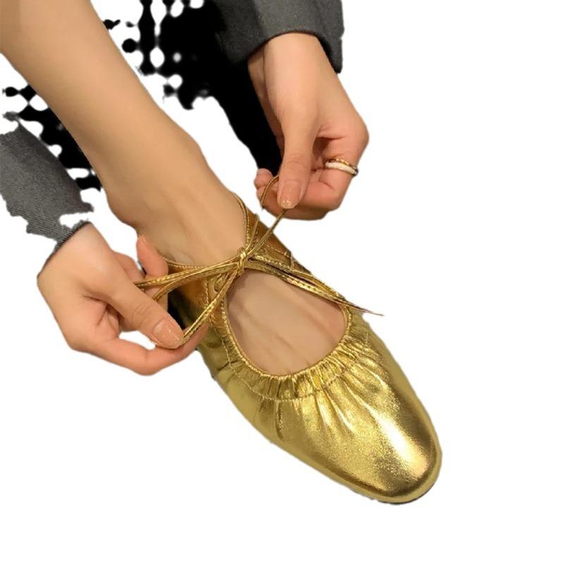 Gold and Silver Lace Up Mary Jane Shoes Women Low Heels Spring New Retro Round Toe Shallow Mouth Single Shoes Heels Women