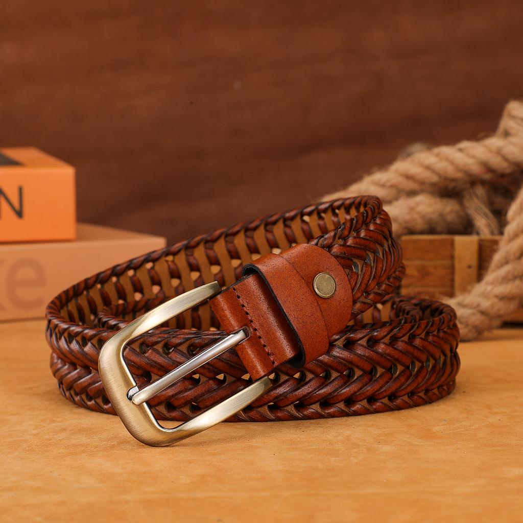 Belt for Men's Retro Hand-woven Genuine Leather Pants Belt for Students' Pin Buckle Versatile Trendy Young People