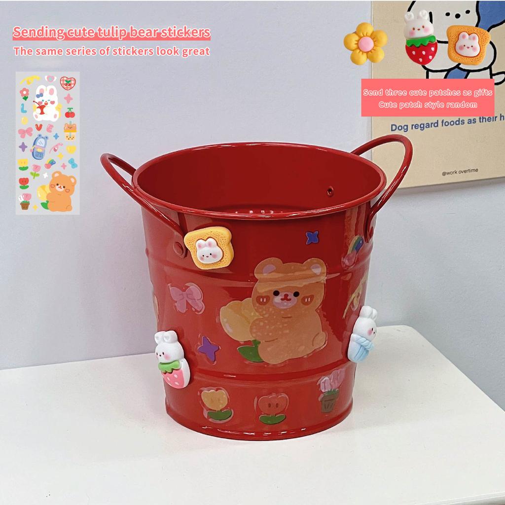 Creative Iron Art Pen Holder Student Desktop Storage Box Ins Fengwang Red Small Iron Bucket Personalized Cute Office Pen Bucket