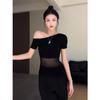 Fashion personality slanted shoulder gauze design irregular hem short-sleeved T-shirt women's pure desire sexy slim slim top
