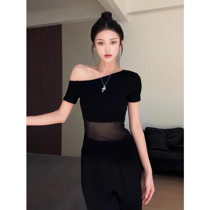 Fashion personality slanted shoulder gauze design irregular hem short-sleeved T-shirt women's pure desire sexy slim slim top