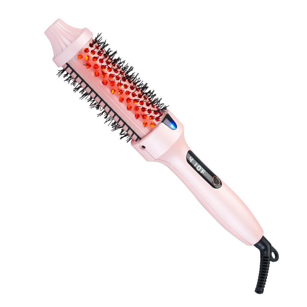 Infrared Thermal Brush, Dual Voltage Negative Ions Heated Round Brush, Straightener & Curling Iron 2 in 1