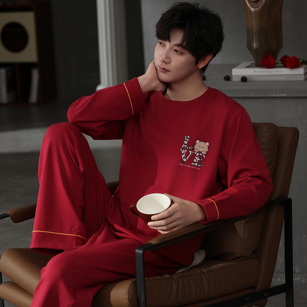Spring and autumn new red cotton long-sleeved newlywed couple pajamas wedding men and women with chest pads for wedding loungewear winter