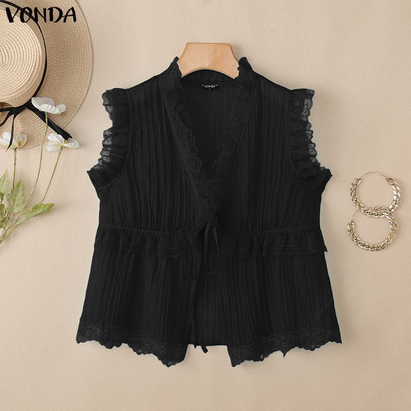 VONDA Women's V-Neck Sleeveless Lace Trim Front Bandage Ruffle Semi-Sheer Tank Tops Beach